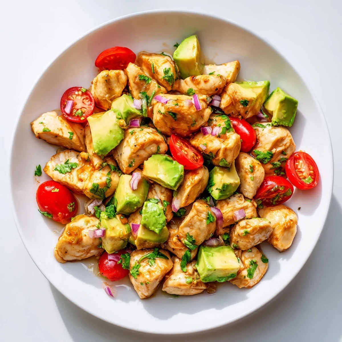 Sliced honey lime chicken atop colorful avocado salad garnished with fresh cilantro and lime