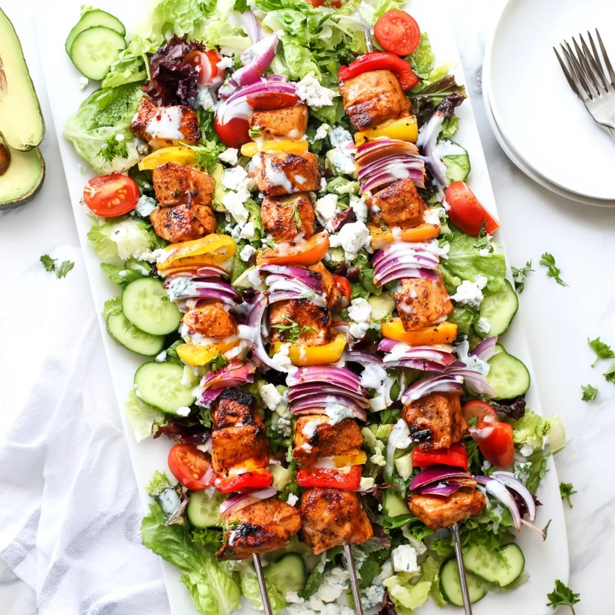 Colorful BBQ chicken skewer salad with grilled meat, fresh veggies, and creamy feta cheese