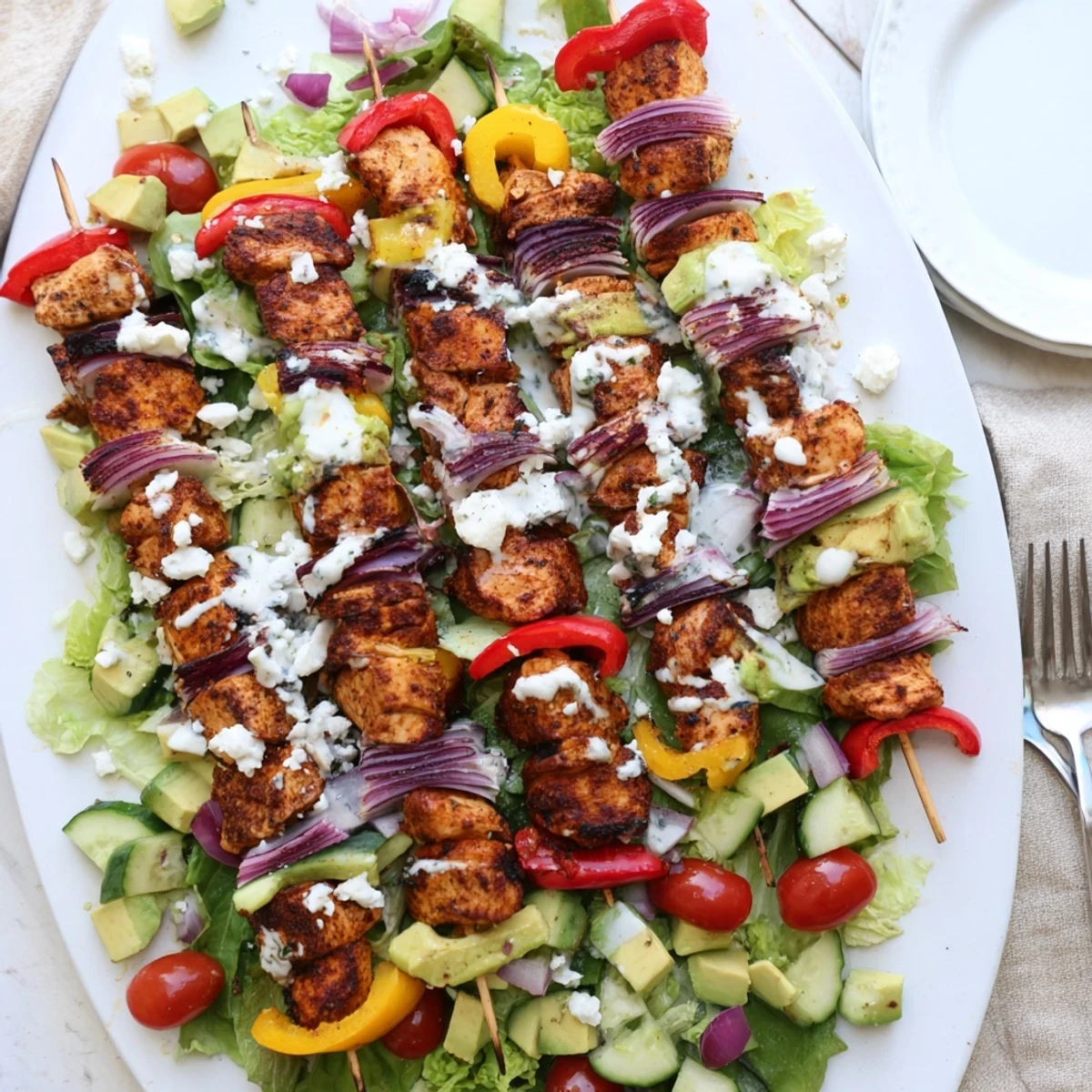 Vibrant BBQ chicken skewer salad featuring charred chicken over crisp greens and zesty dressing