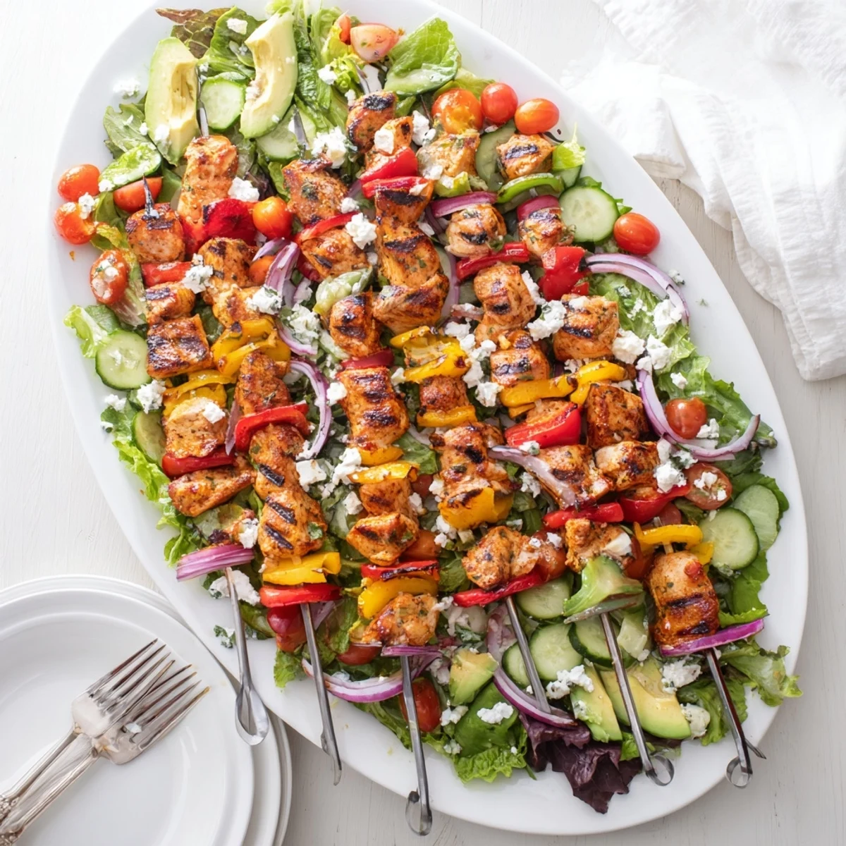Summer BBQ chicken skewer salad plate with juicy grilled meat and ripe avocado slices
