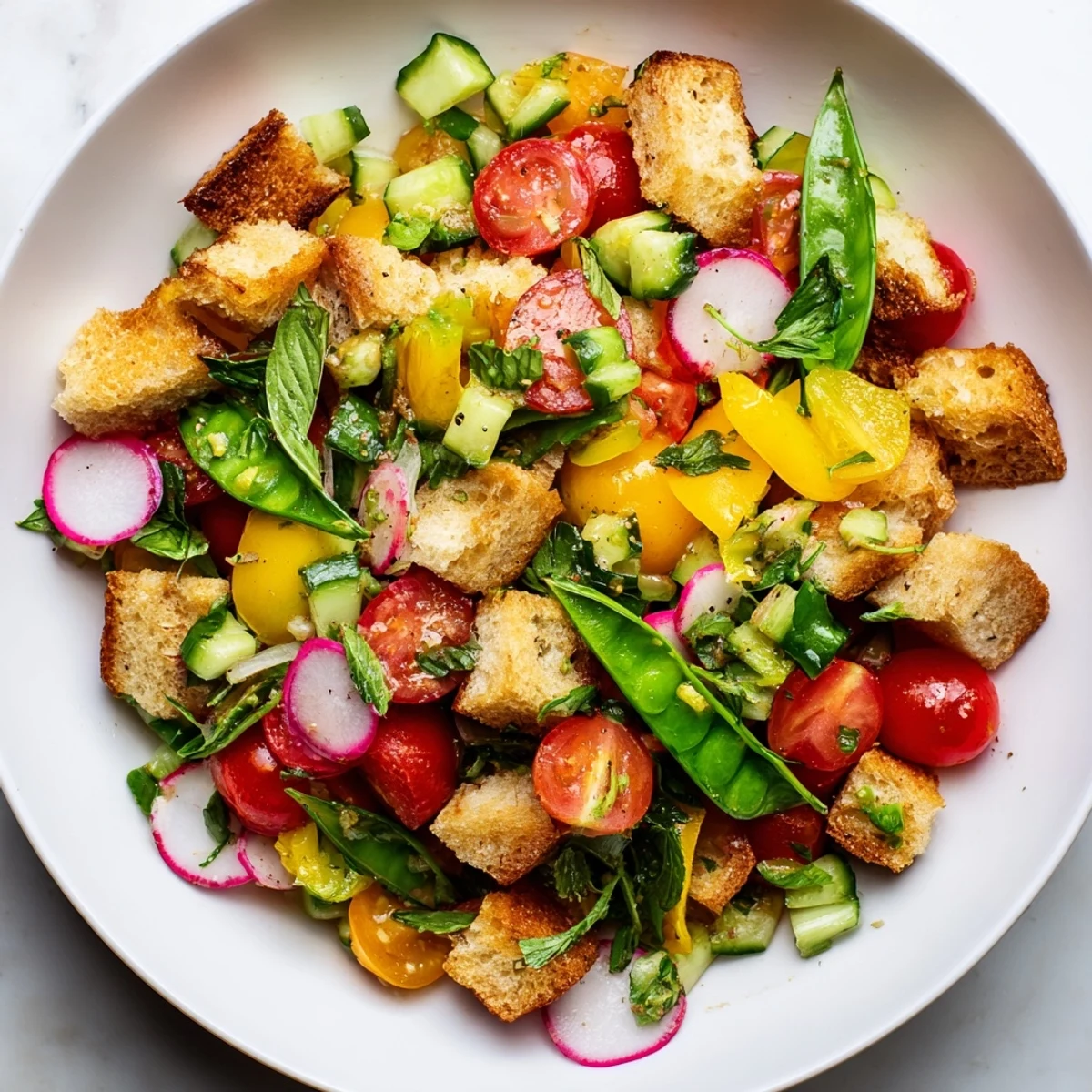 Fresh Spring Panzanella featuring cherry tomatoes, cucumber, and herbs on a rustic wooden serving board