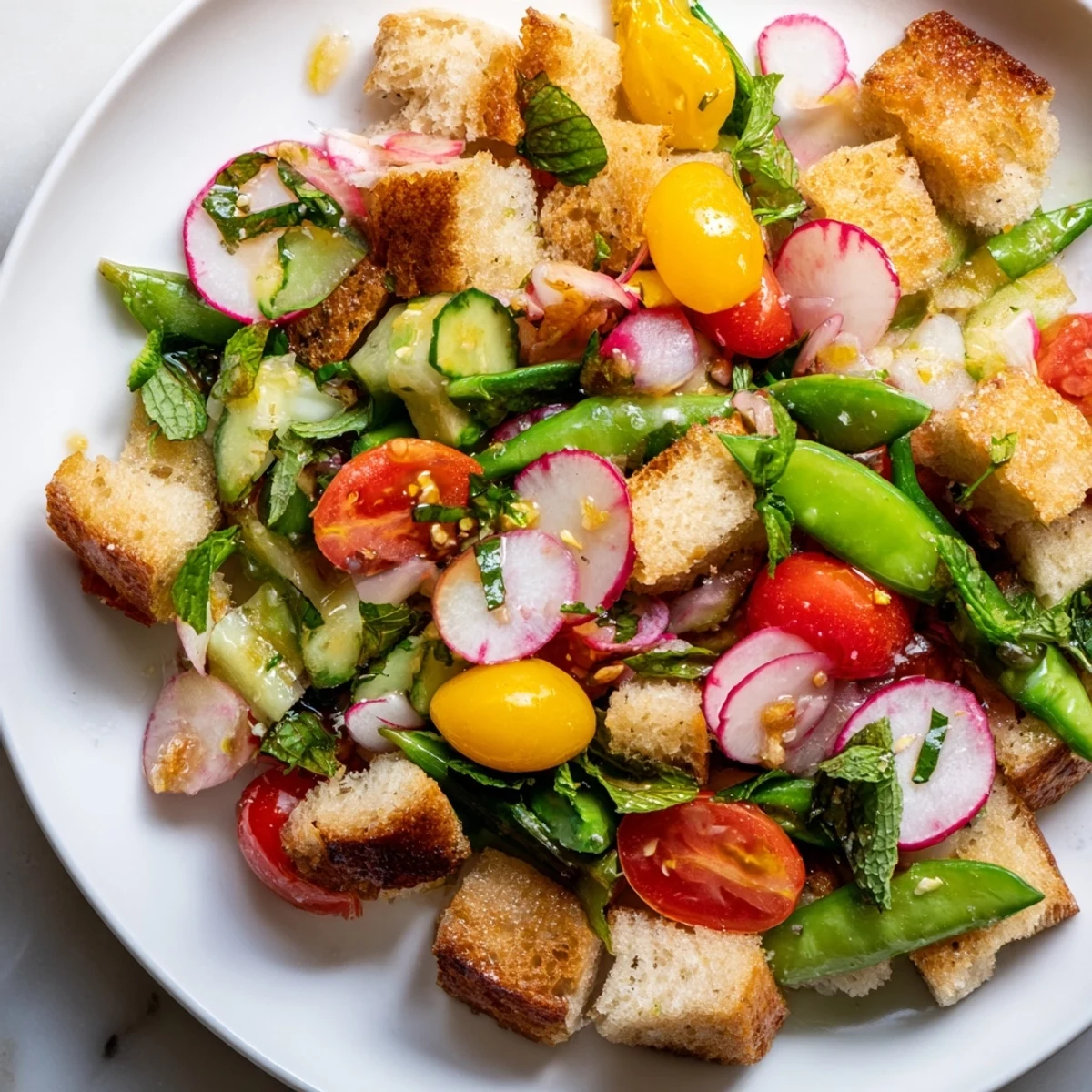 Golden toasted bread cubes tossed with crisp vegetables in a vibrant Spring Panzanella salad bowl
