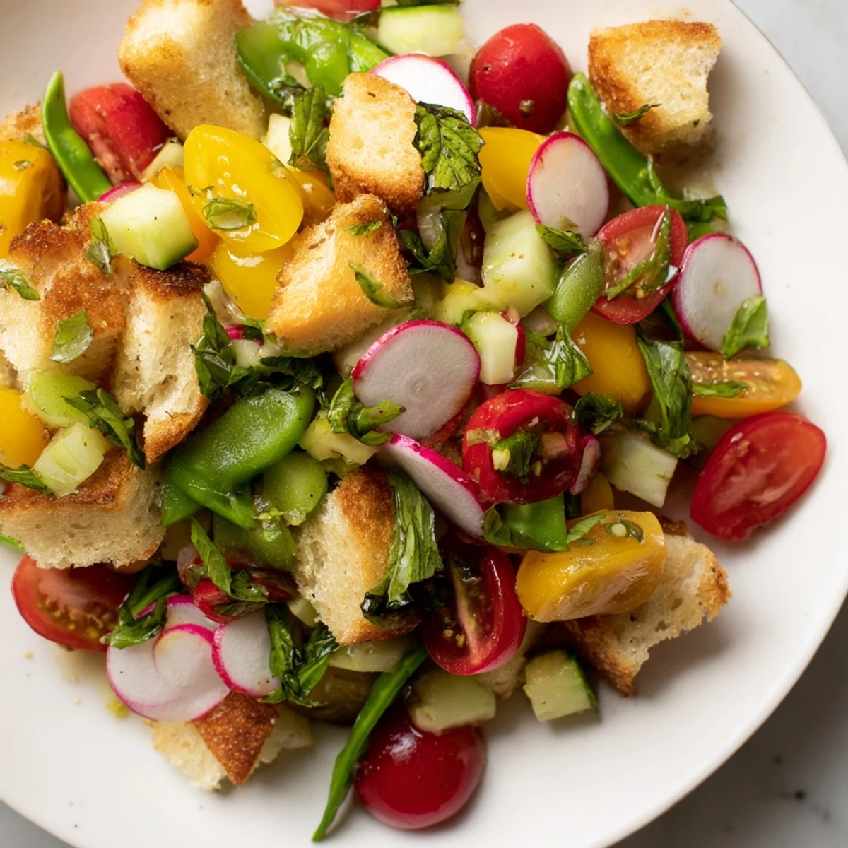 Colorful Italian Spring Panzanella bread salad with radishes and snap peas ready for outdoor dining