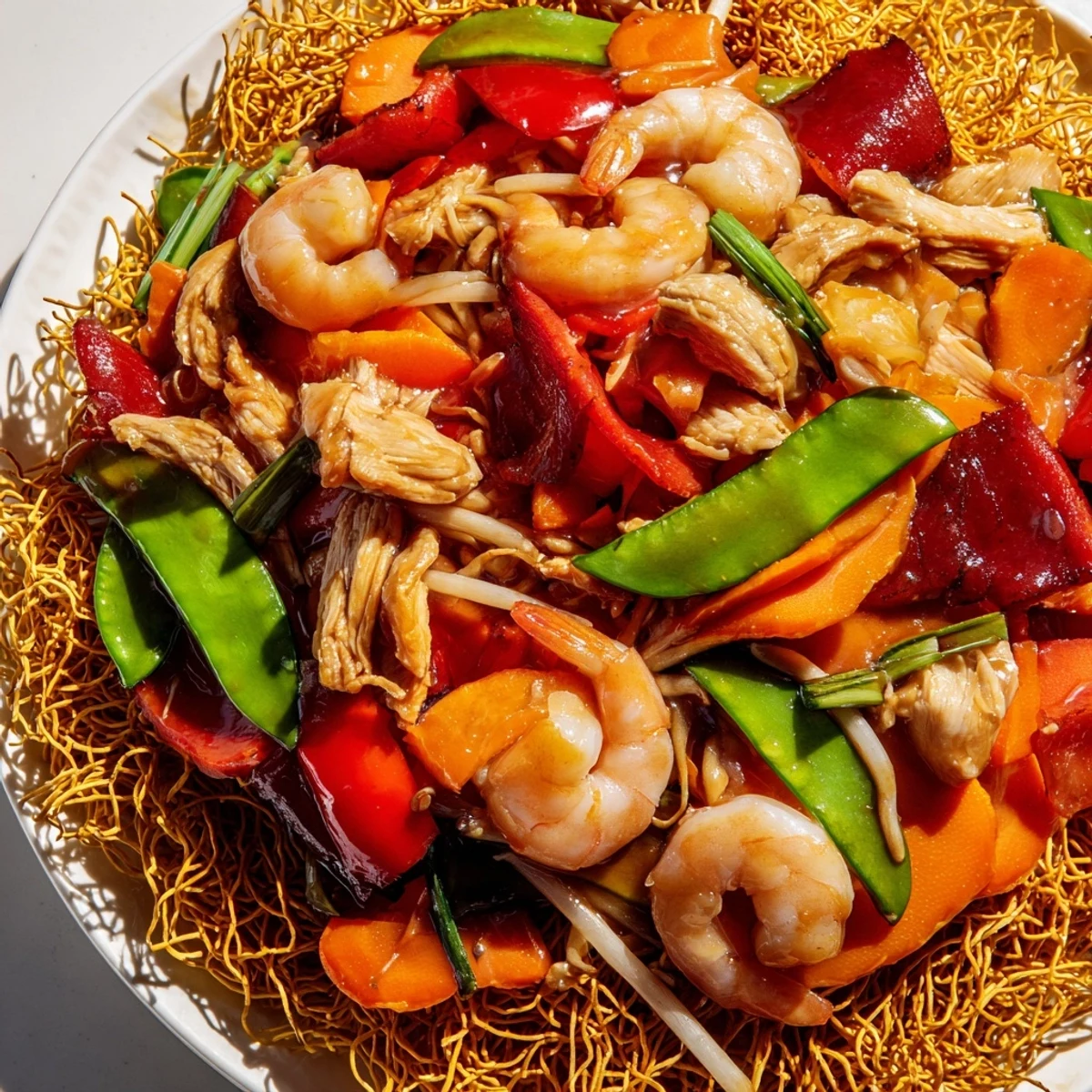 Steaming plate of Cantonese chow mein featuring crunchy egg noodles savory stir-fried meat and fresh bean sprouts