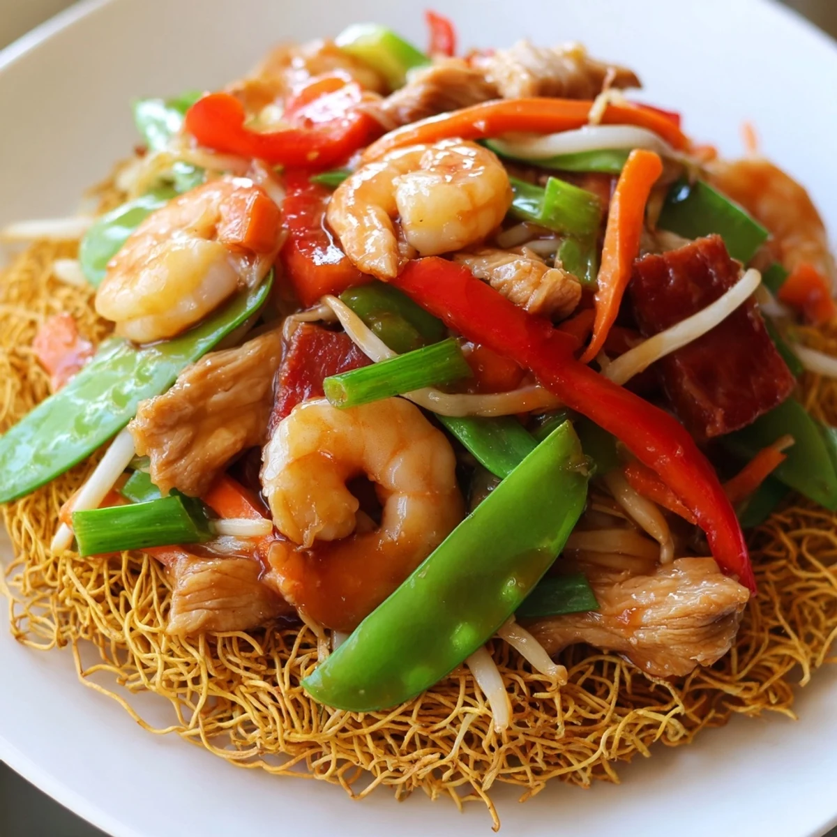 Authentic Cantonese chow mein served crispy with succulent seafood char siu pork and vibrant bell pepper strips
