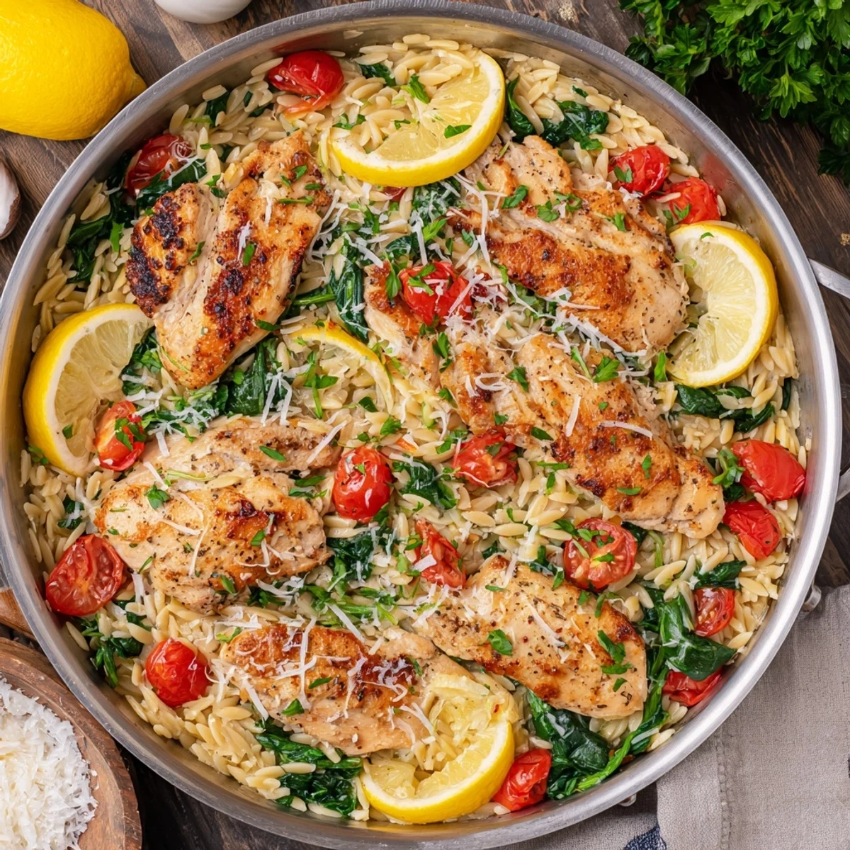 Golden skillet lemon herb chicken and orzo with cherry tomatoes and fresh spinach
