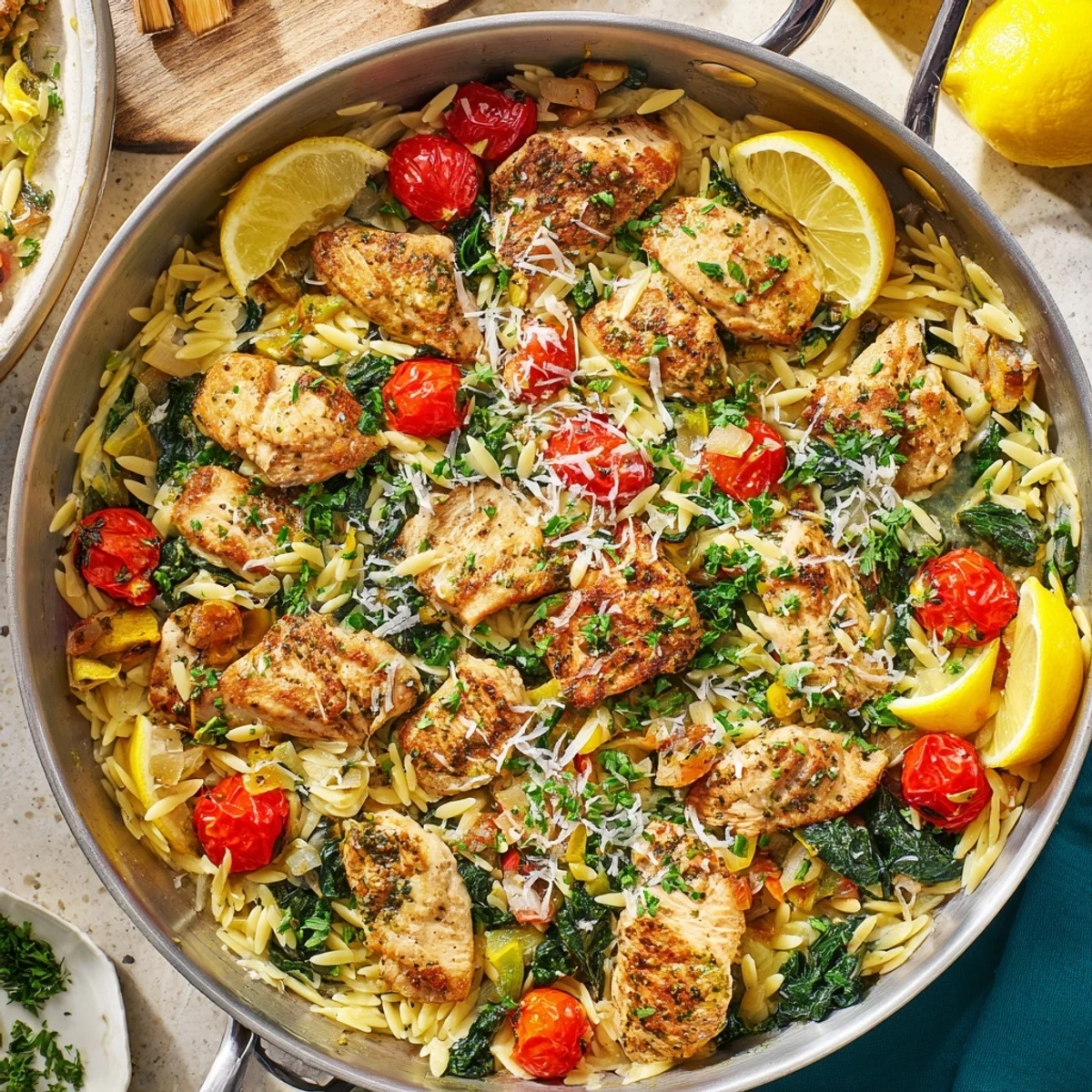 Creamy one pan lemon herb chicken orzo topped with Parmesan and parsley garnish
