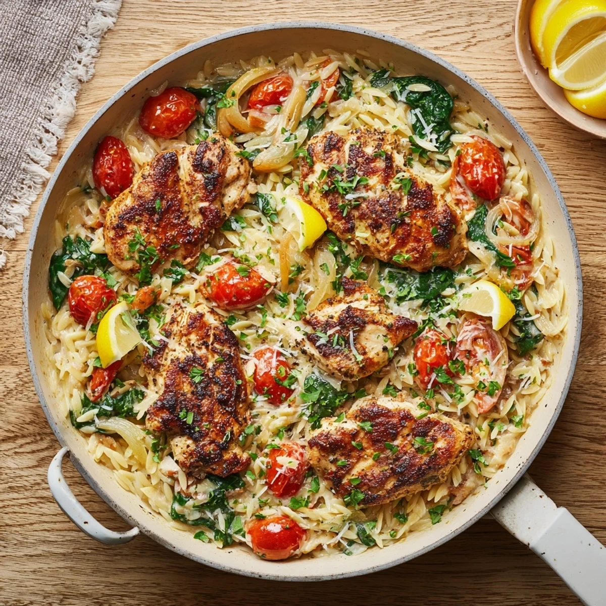 Tender chicken breasts simmered with orzo pasta in bright lemon herb broth
