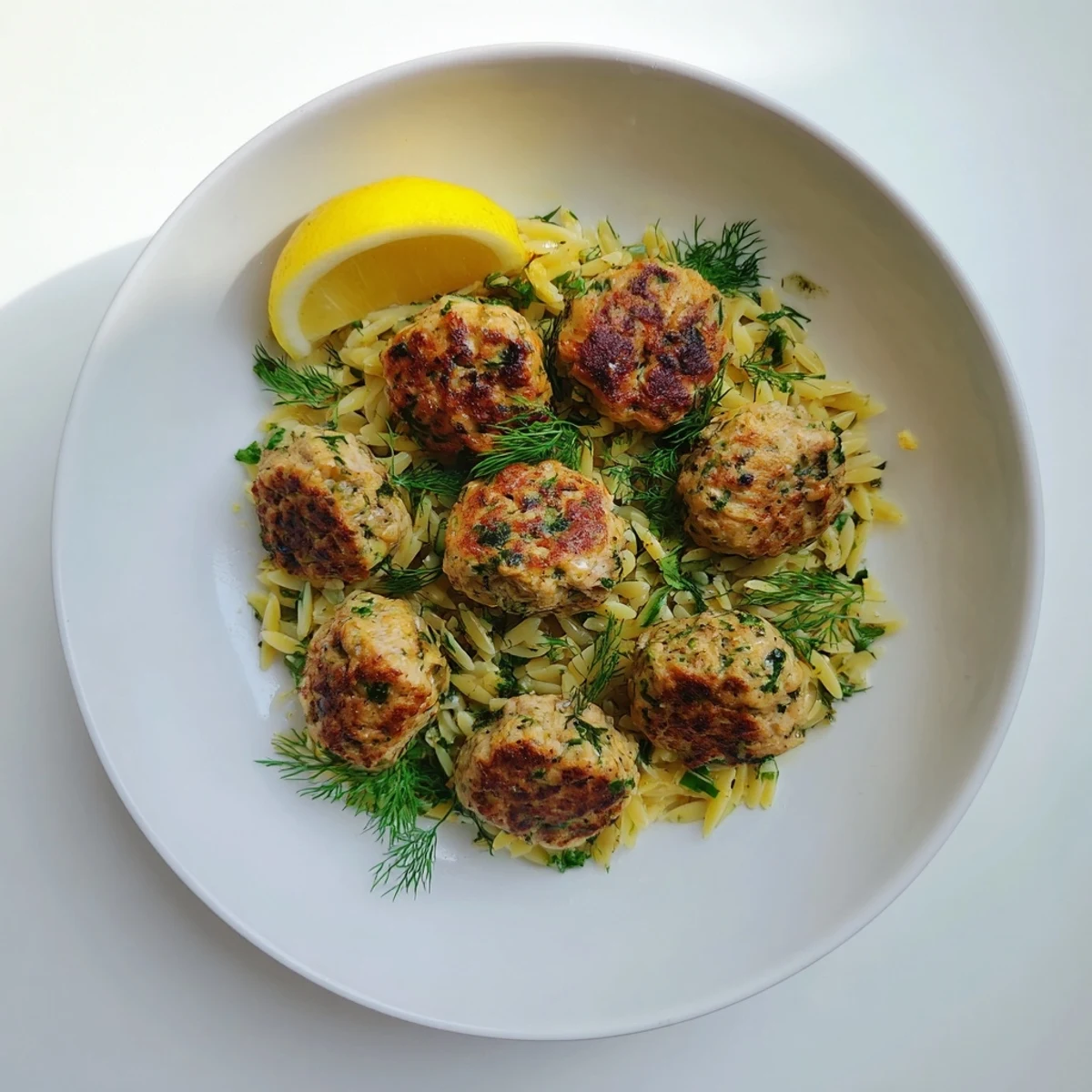 Golden brown Greek chicken meatballs nestled over bright lemon orzo with fresh herbs