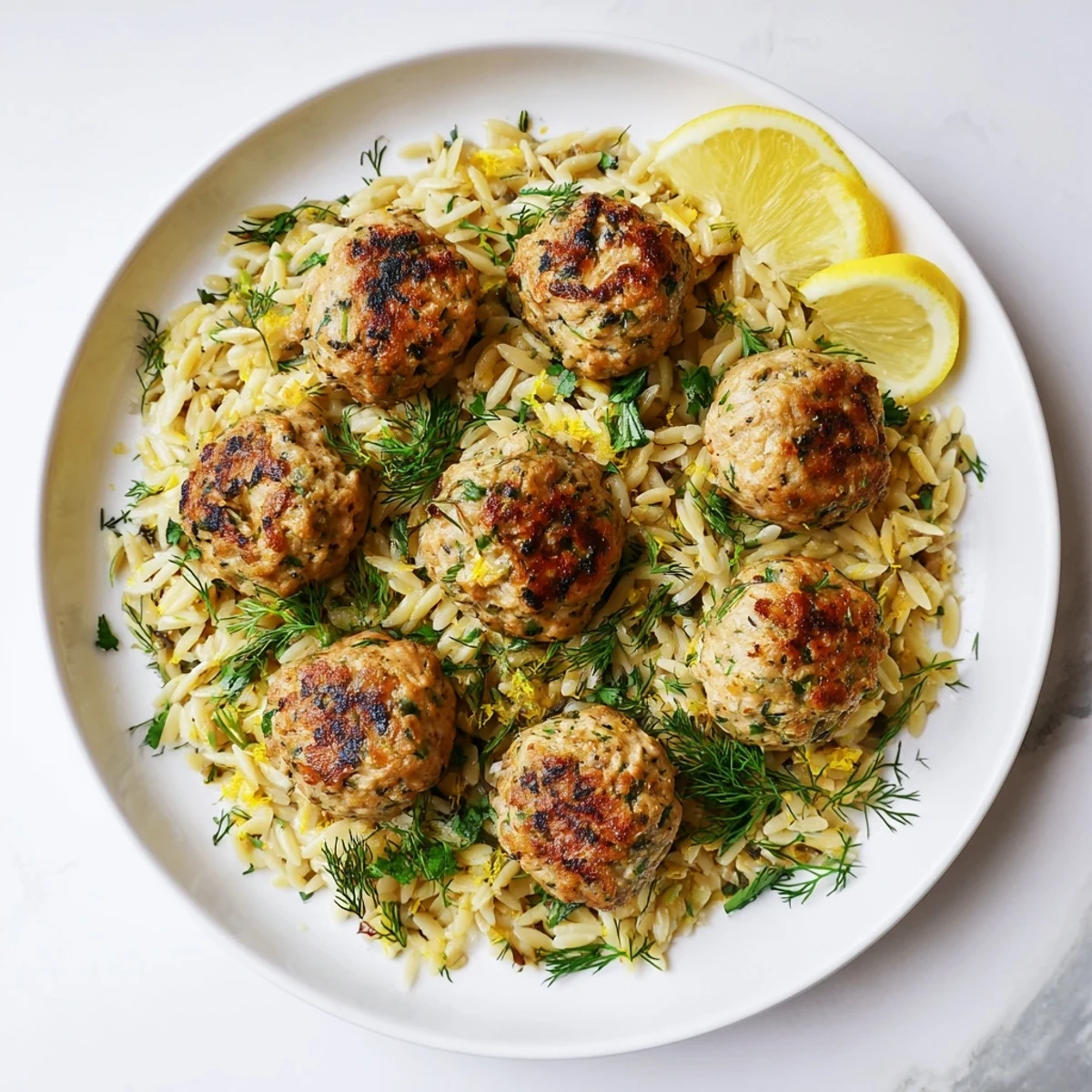 Mediterranean spiced chicken meatballs plated atop creamy lemon orzo pasta with dill garnish
