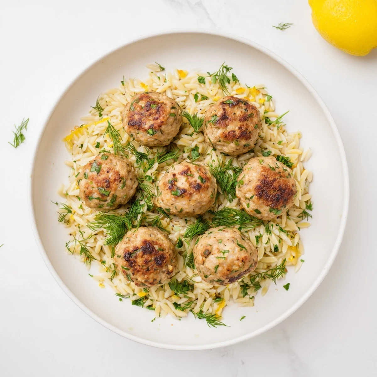 Platter of juicy herb-seasoned chicken meatballs served with zesty lemon orzo and fresh parsley