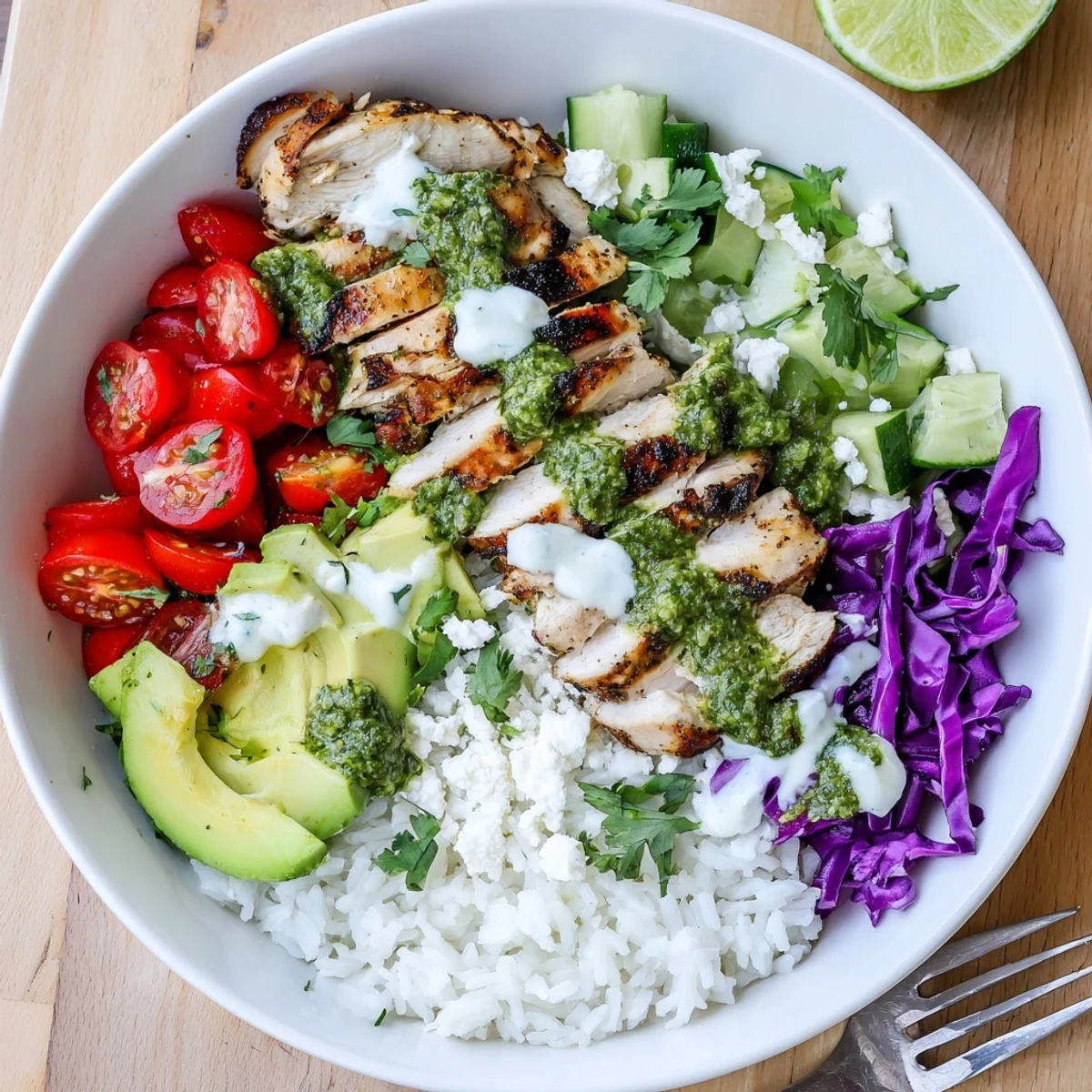Grilled chicken marinated in zesty chimichurri sauce served in a bowl with creamy garlic drizzle