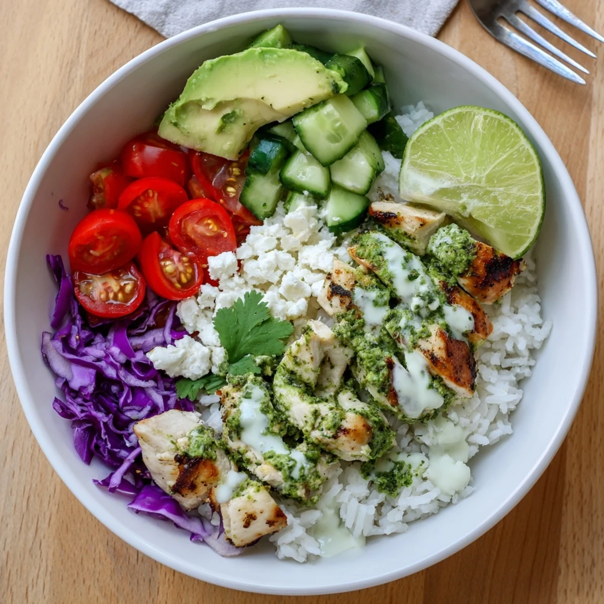 Vibrant Chimichurri Grilled Chicken Bowl featuring juicy sliced chicken over colorful rice and fresh vegetables