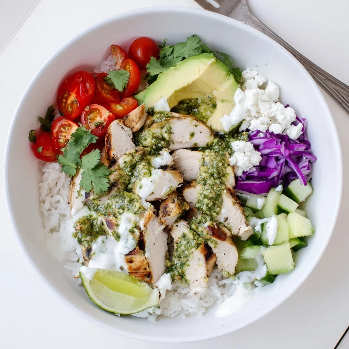 Colorful bowl layered with herb-marinated grilled chicken, crisp vegetables, rice, and tangy garlic sauce
