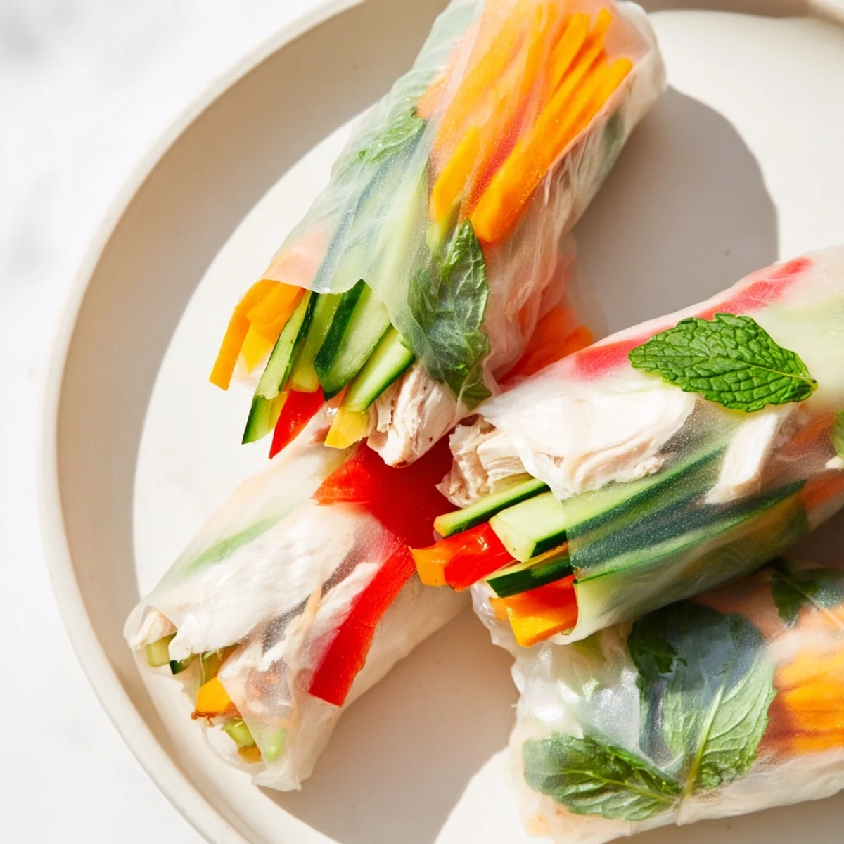 Transparent Vietnamese summer rolls with chicken showcase colorful julienned vegetables peeking through delicate rice paper wrapper