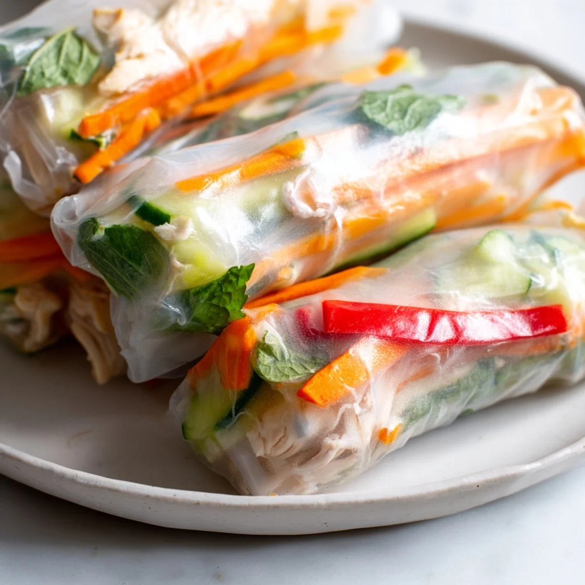 Fresh Vietnamese summer rolls with chicken arranged on serving platter alongside creamy peanut hoisin dipping sauce