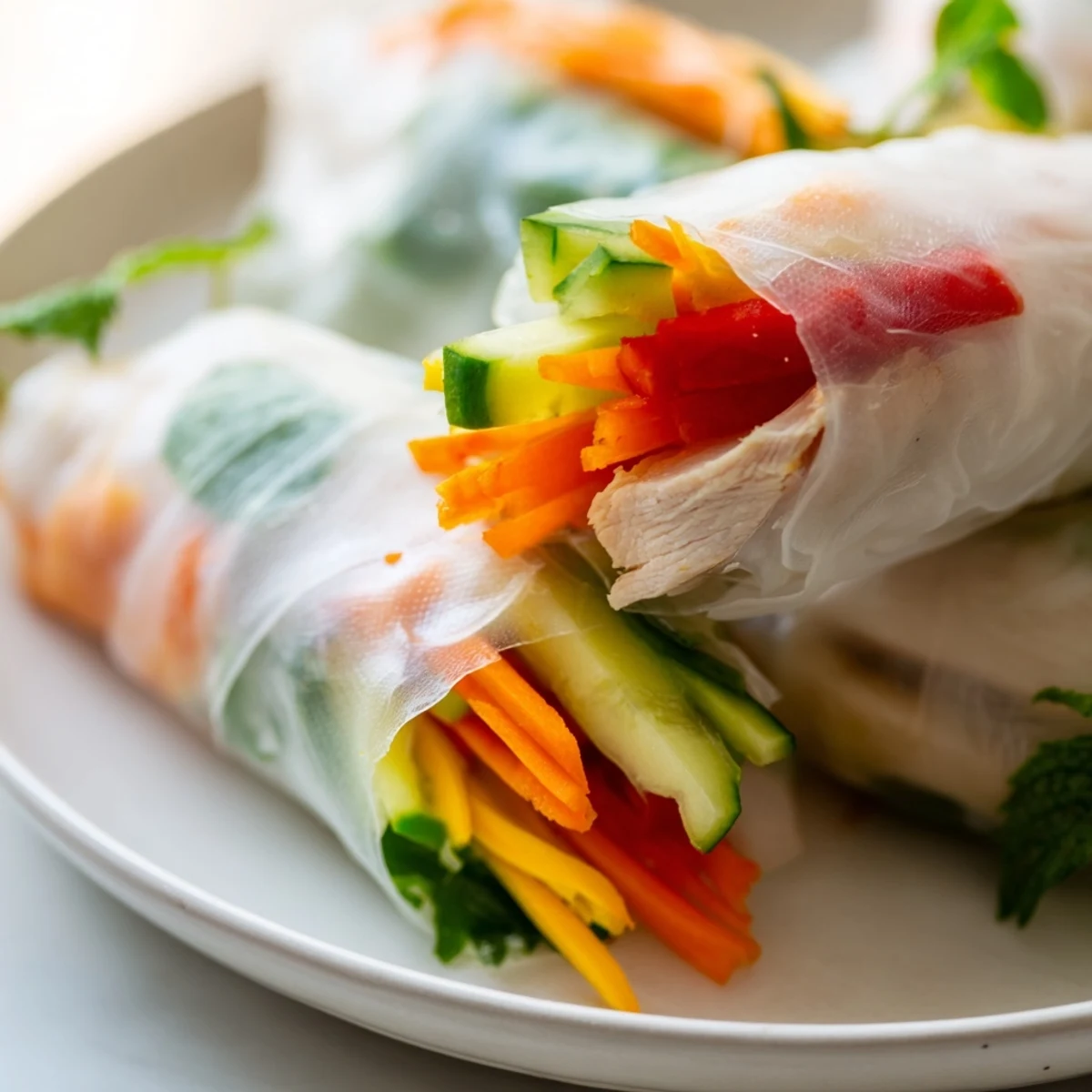 Close-up of Vietnamese summer rolls with chicken revealing layers of mint cilantro cucumber and crisp bell pepper strips