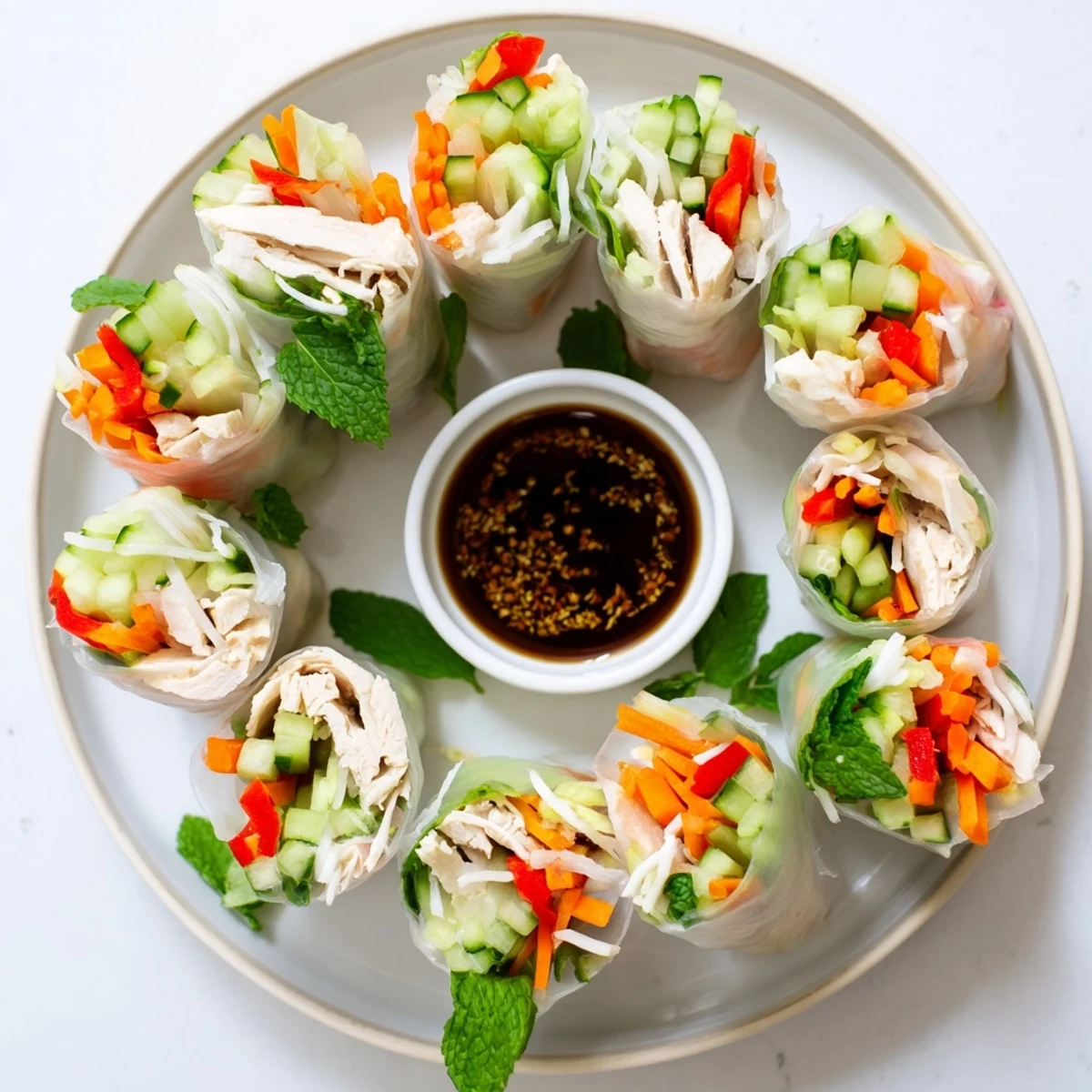 Golden light chicken veggie spring rolls with colorful julienned vegetables and fresh herbs wrapped in translucent rice paper