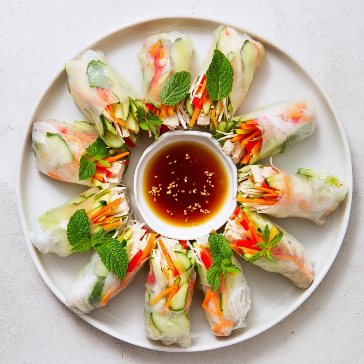 Whole light chicken veggie spring rolls arranged on serving board alongside zesty soy ginger dipping sauce with chili flakes