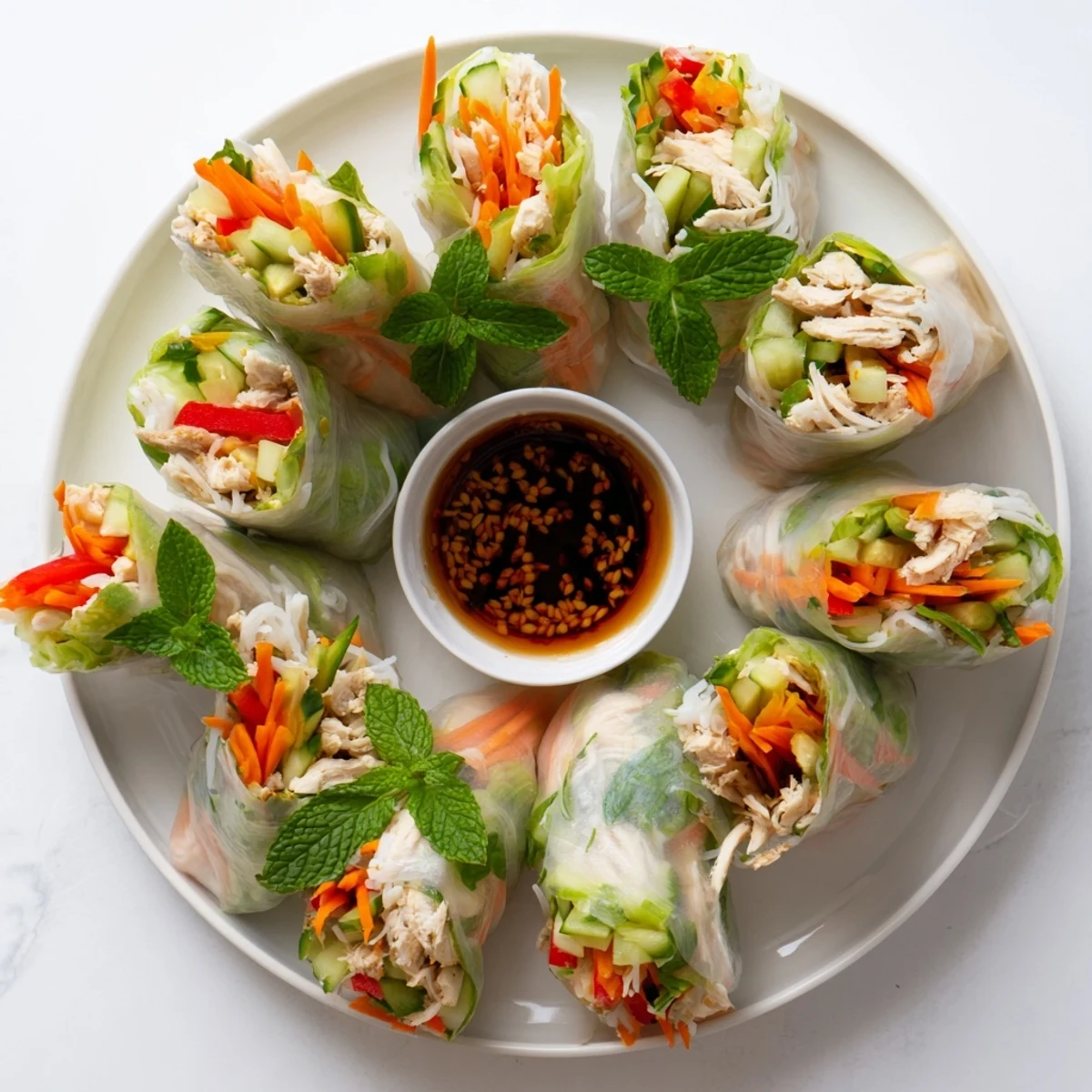 Plate of healthy light chicken veggie spring rolls sliced in half revealing tender chicken and crisp bell pepper carrots cucumber