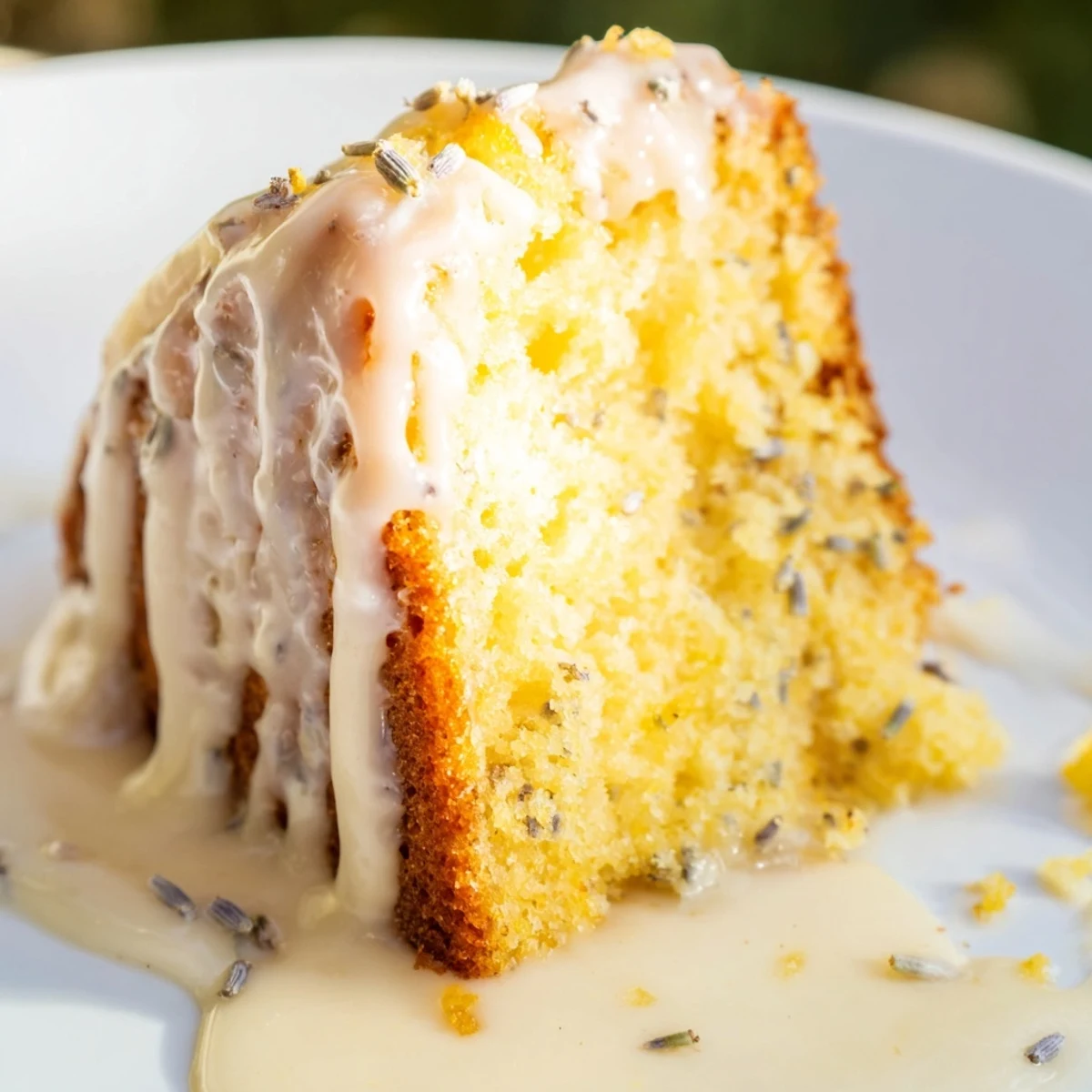 Golden Lemon Lavender Cake drizzled with white glaze and sprinkled with purple lavender buds
