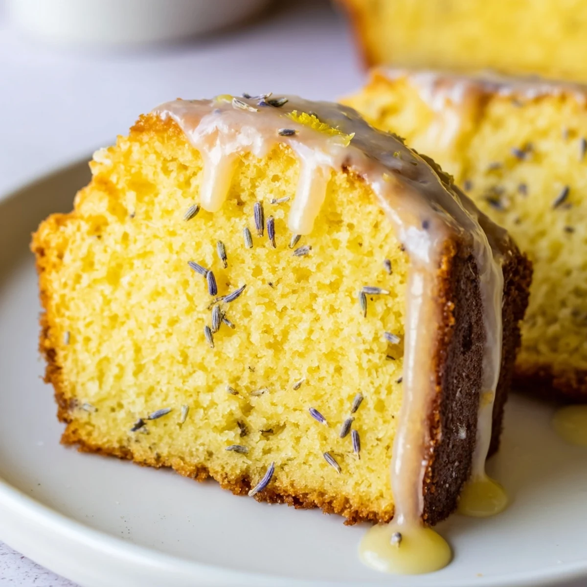 Freshly baked Lemon Lavender Cake with smooth lemon icing and edible lavender flowers on top