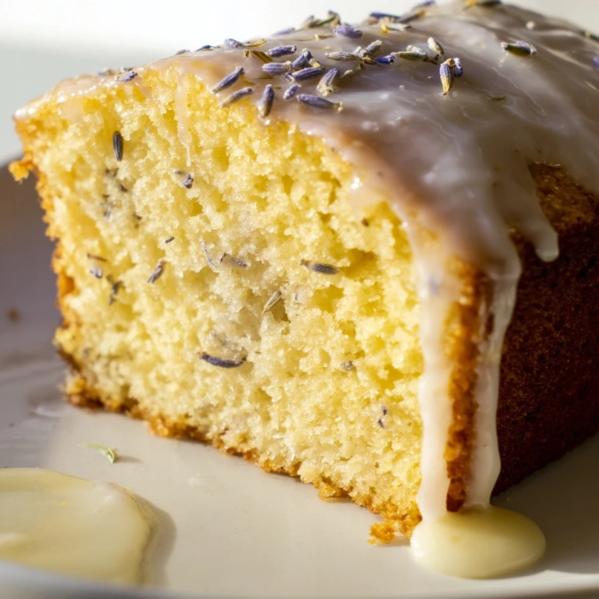 Moist slice of floral Lemon Lavender Cake on a white plate with fresh lemon zest garnish