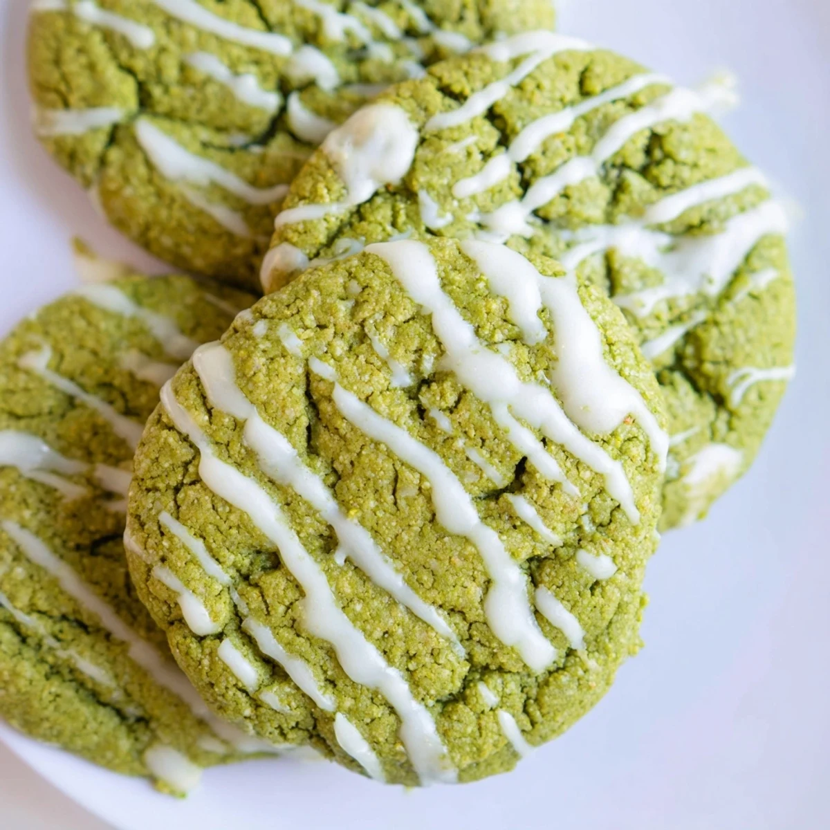 Soft green velvet cookies topped with creamy white chocolate drizzle on a white plate