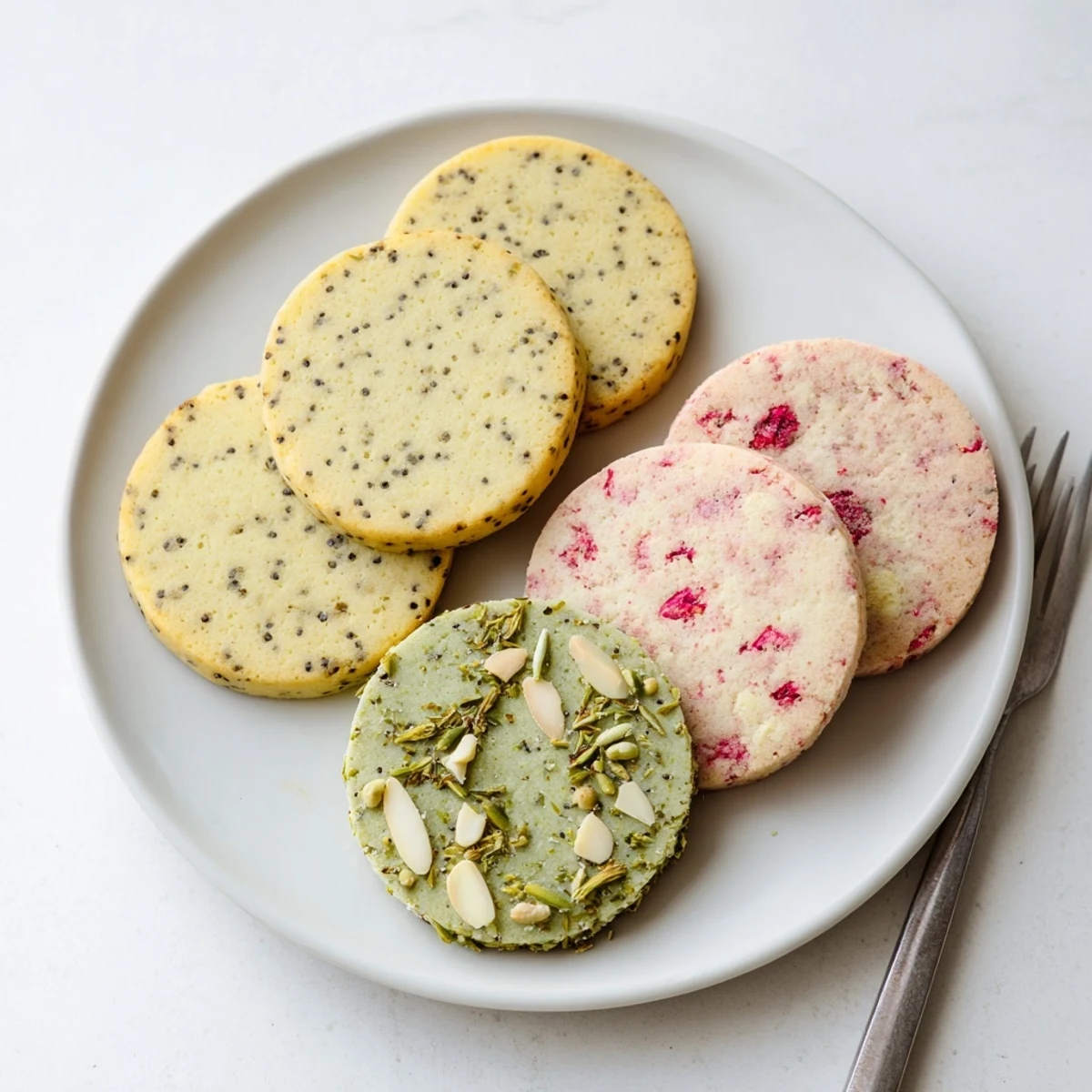 Fresh spring cookie collection featuring lemon poppy seed, matcha almond, and strawberry white chocolate cookies arranged on a decorative platter