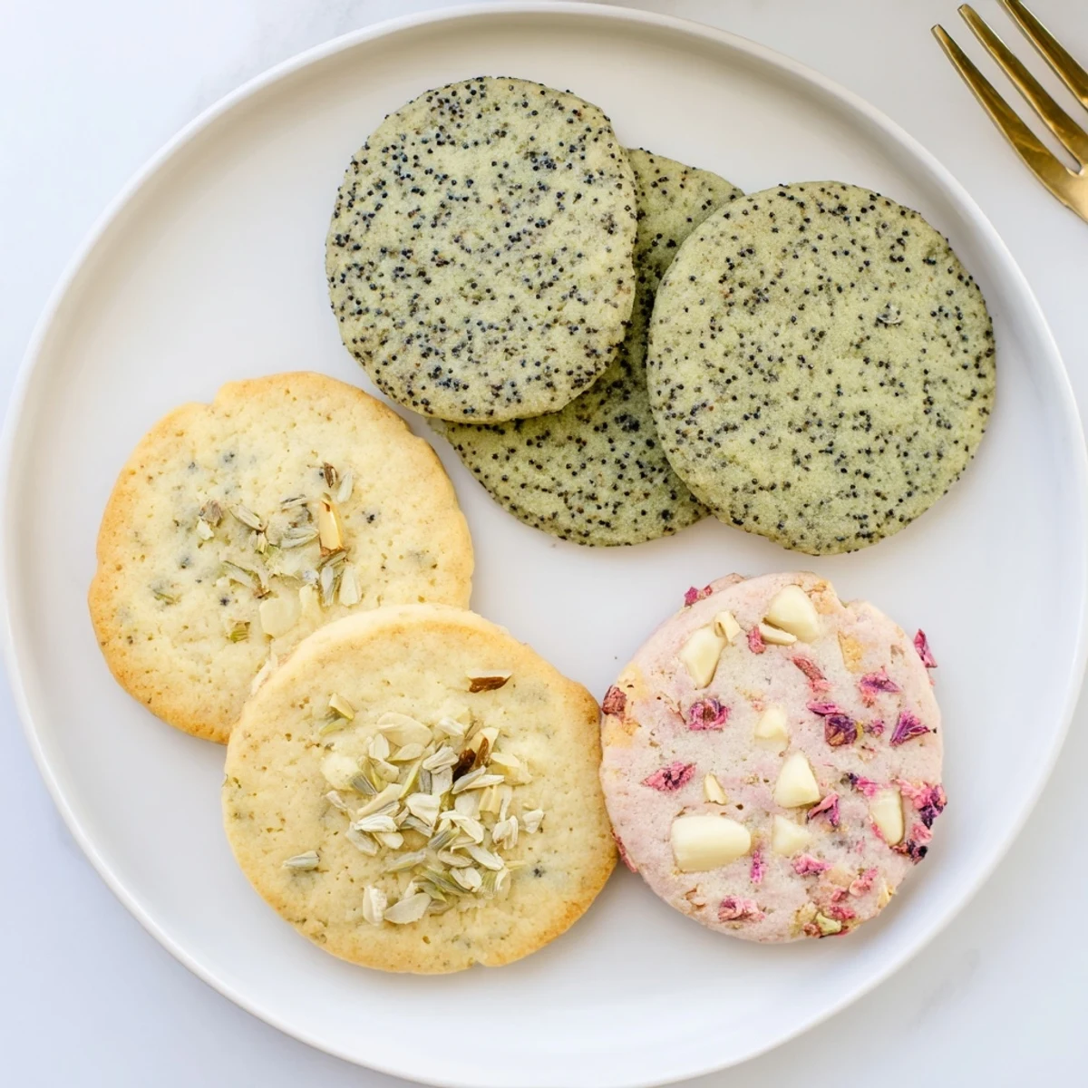 Colorful assortment of spring cookies including green matcha shortbread, yellow lemon treats, and pink strawberry varieties baked to golden perfection