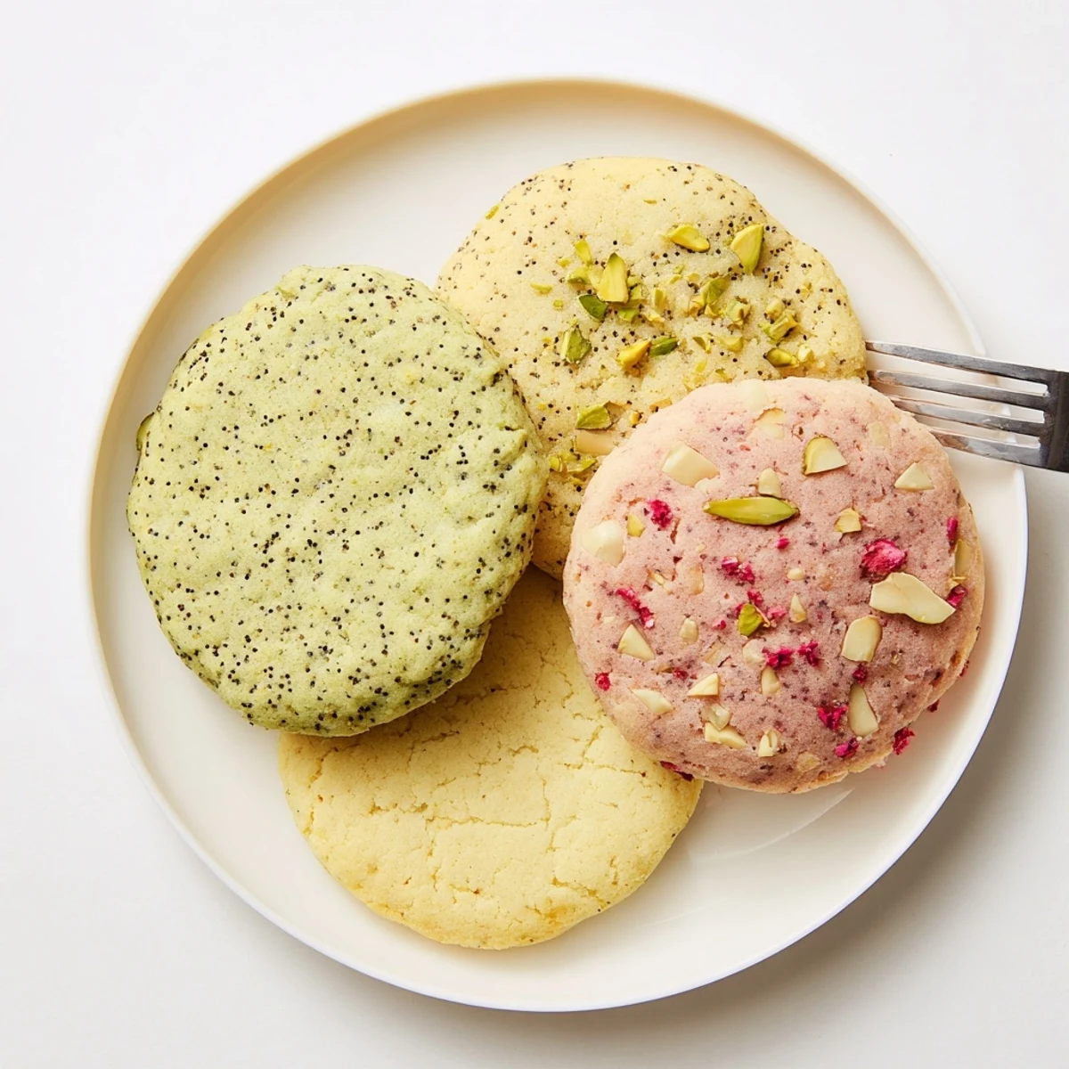 Spring cookie collection showcasing three vibrant cookie flavors with pastel hues and garnished with zest and chocolate chips on a wooden board