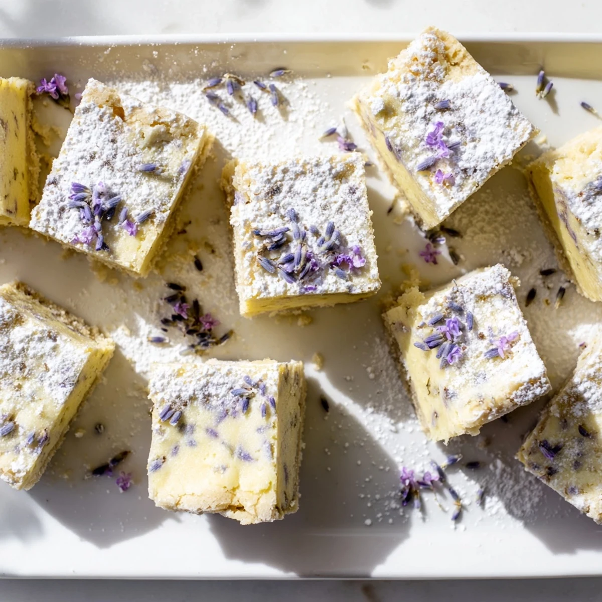 Golden lavender lemon cream bars dusted with powdered sugar on a white plate