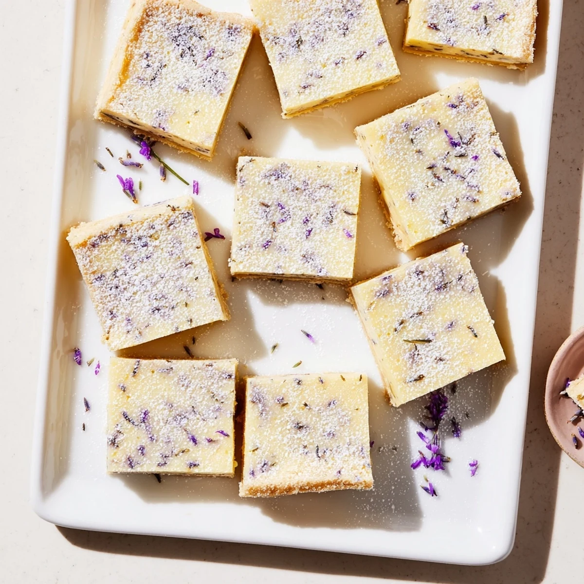 Elegant teatime dessert squares featuring vibrant lemon curd infused with aromatic lavender buds