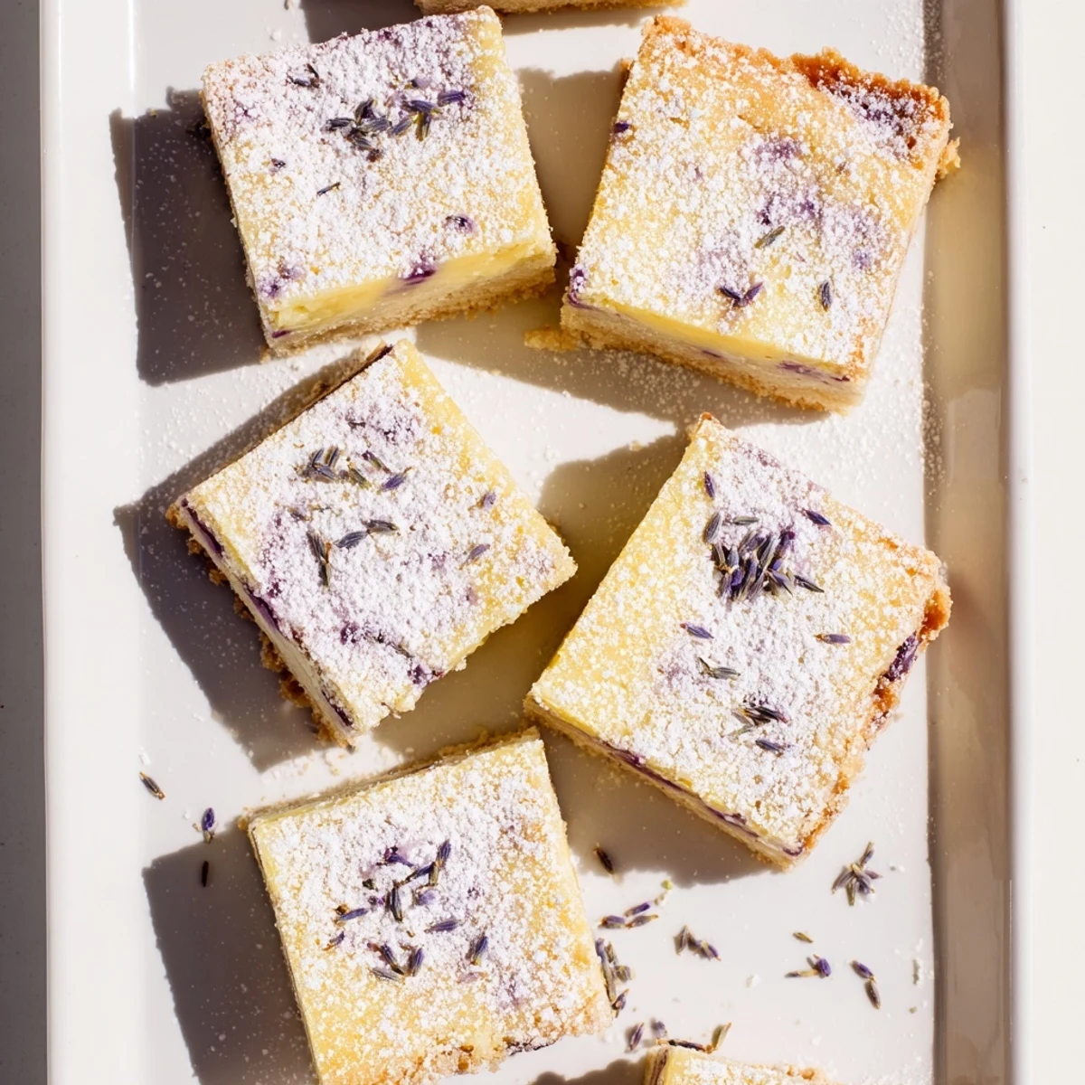 Buttery shortbread crust topped with creamy lemon lavender filling and sweet powdered sugar