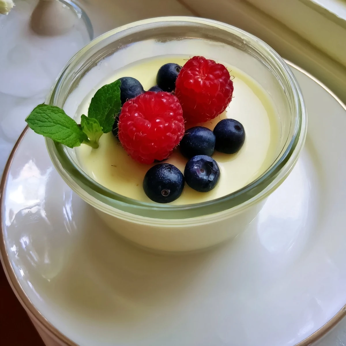 Classic British lemon posset with glossy custard texture garnished with blueberries and fresh herbs