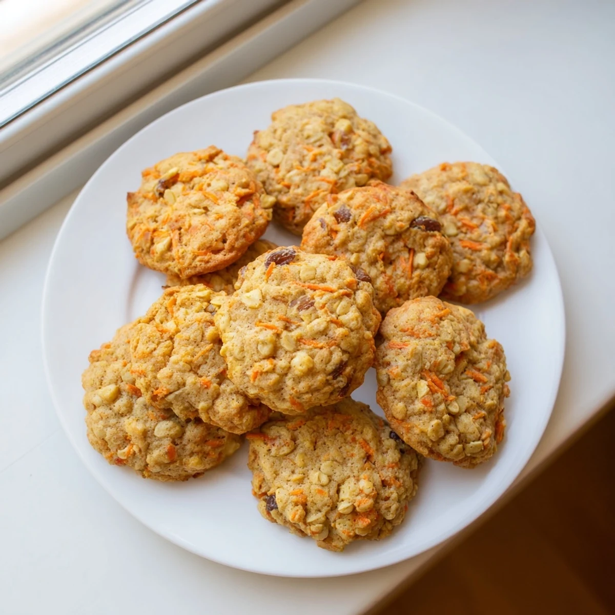 Golden brown chewy carrot cake cookies studded with grated carrots, walnuts and raisins on a white plate