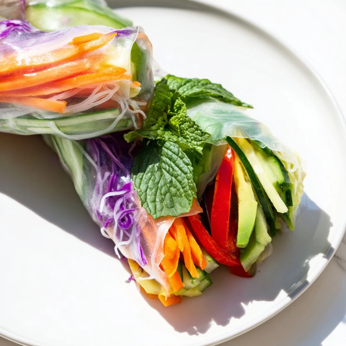 Fresh spring rolls with transparent rice paper revealing colorful julienned vegetables and vibrant green herbs