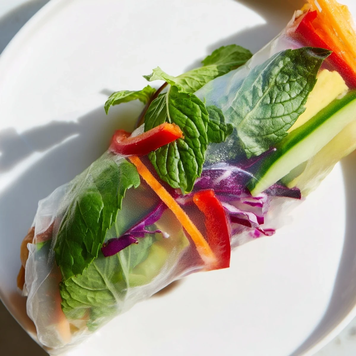 Crisp Vietnamese spring rolls arranged on white plate alongside creamy peanut dipping sauce in small bowl