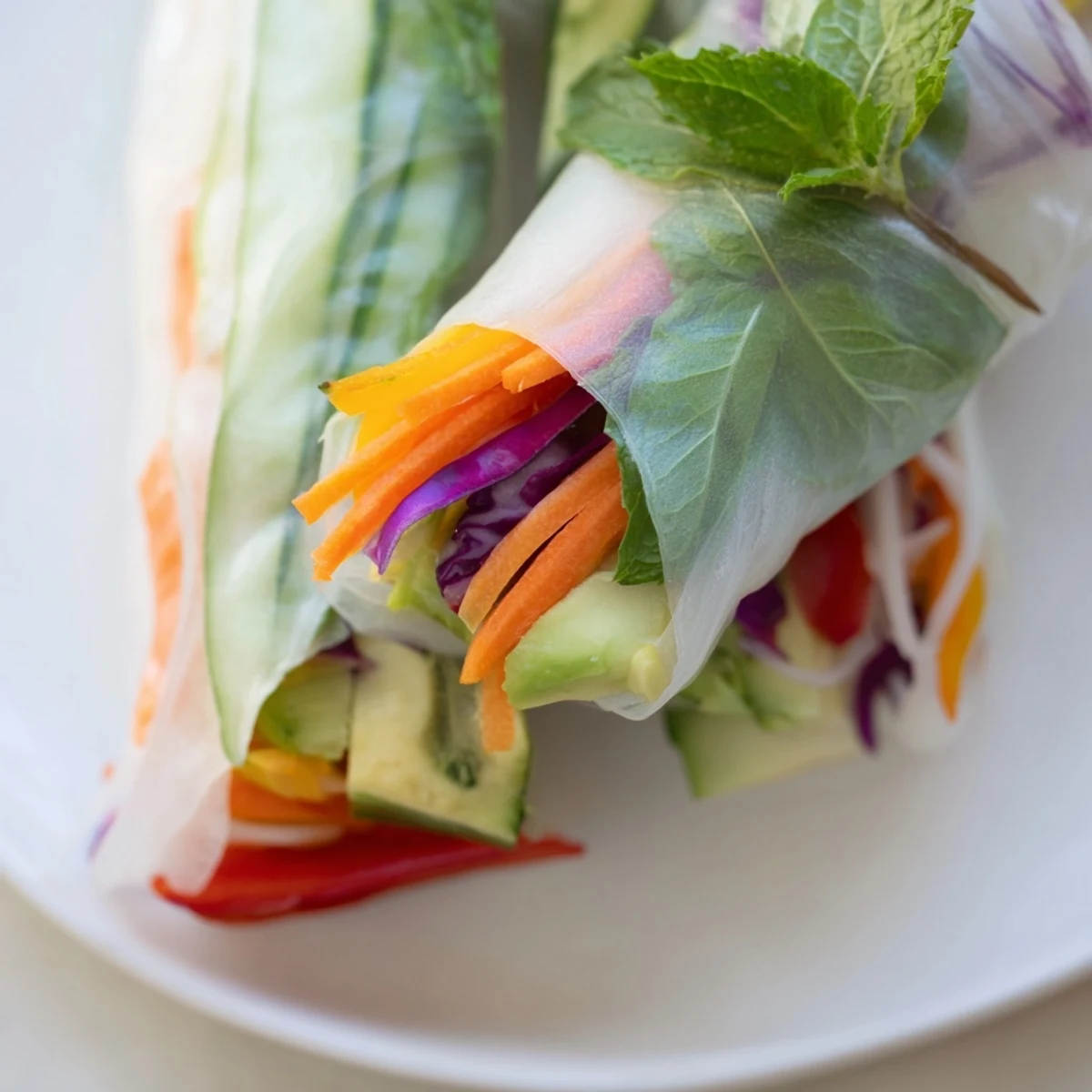 Handheld fresh spring rolls showcasing layers of rice noodles, cucumber, carrot, red pepper, and fragrant mint leaves