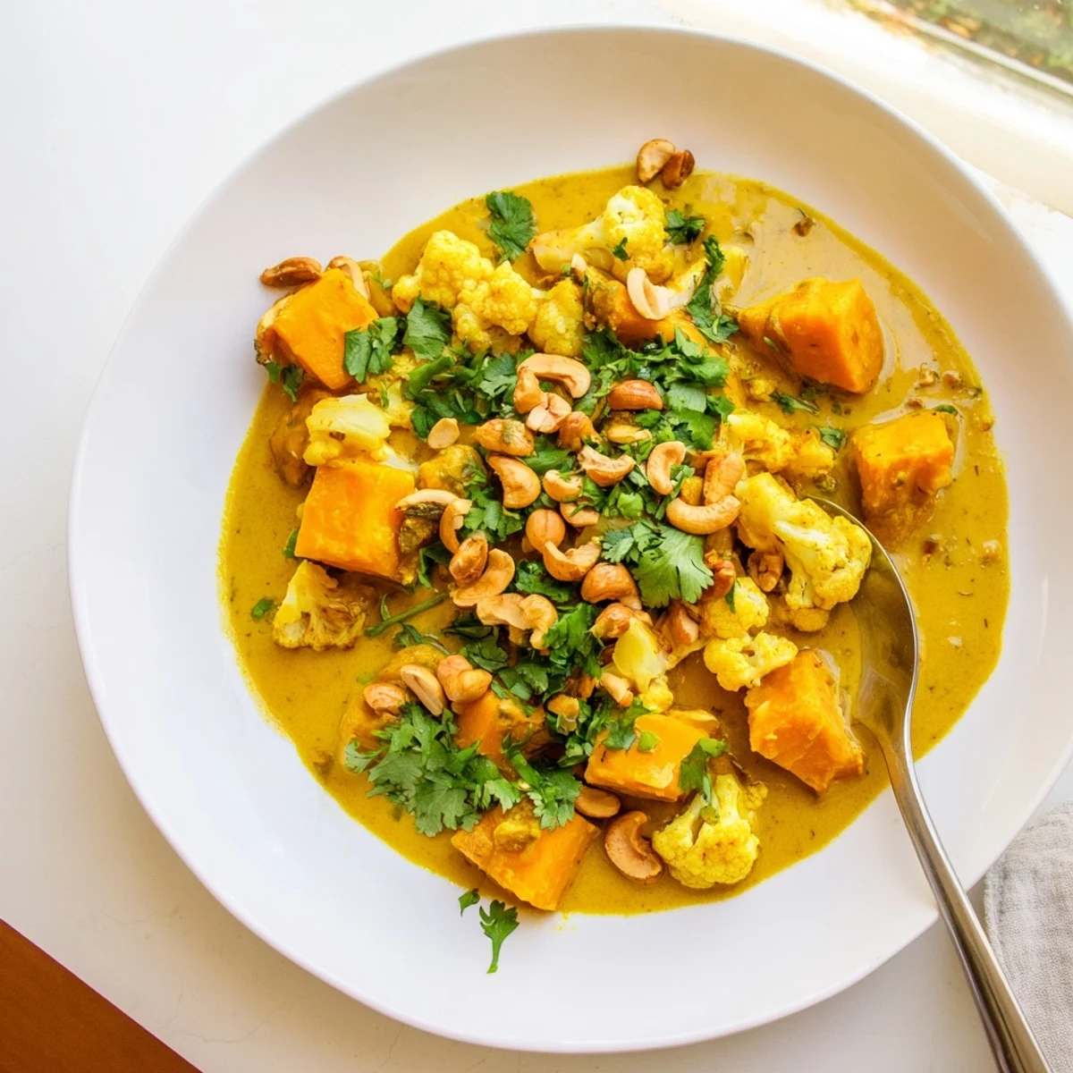 Creamy kumara cauliflower and cashew korma curry garnished with toasted nuts and fresh cilantro in a white serving bowl