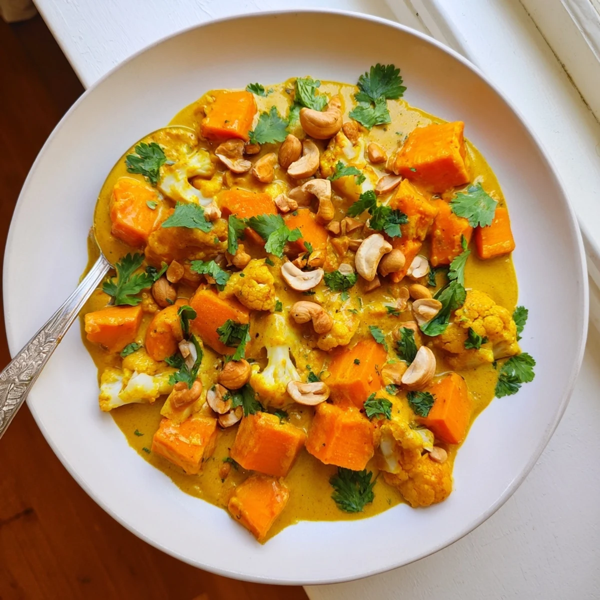 Golden sweet potato and cauliflower florets simmered in rich coconut korma sauce topped with crunchy cashews and green herbs