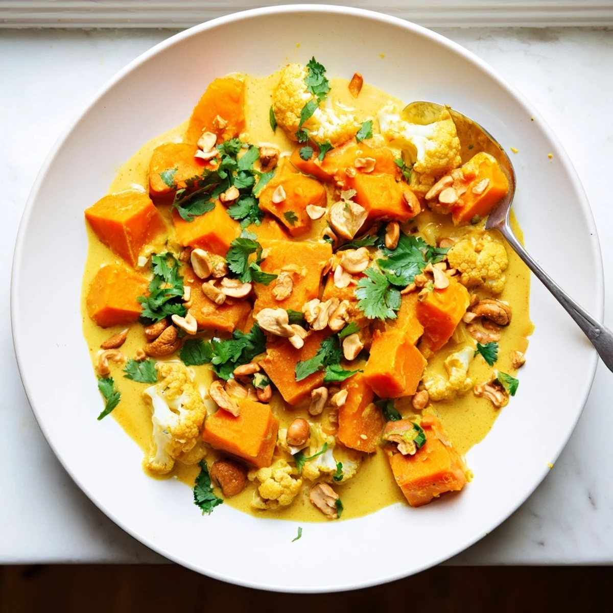 Vegetarian korma curry with tender kumara and cauliflower in spiced sauce, sprinkled with roasted cashews and cilantro