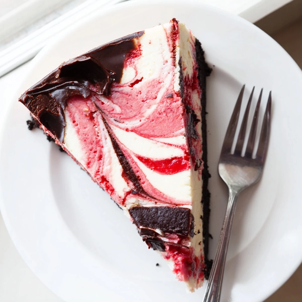 Rich chocolate strawberry swirl cheesecake sliced on a white dessert plate garnished with fresh whole strawberries