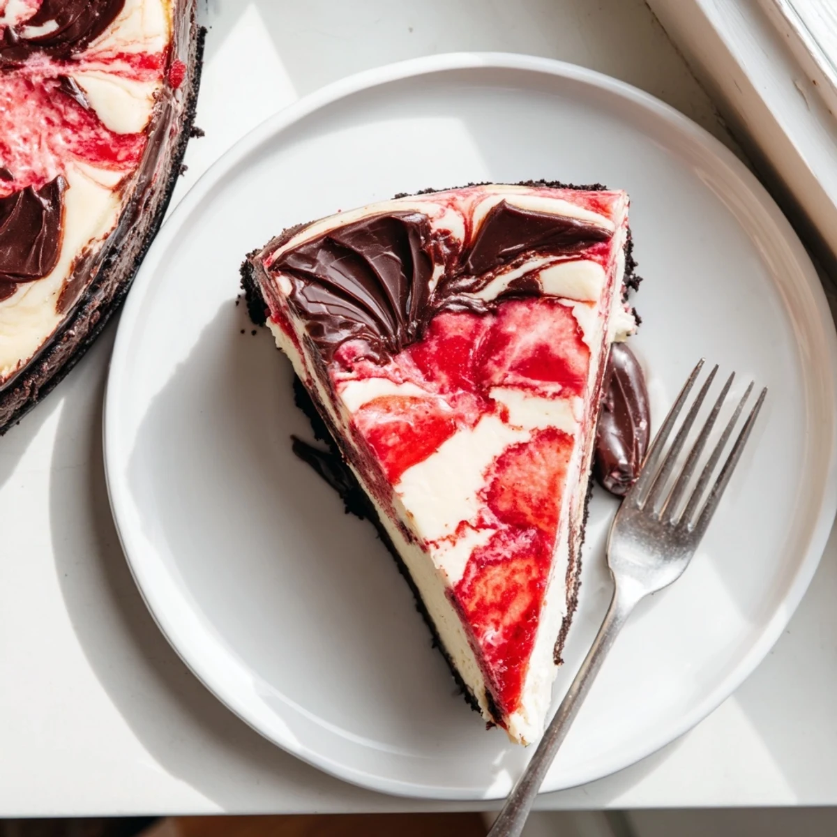 Creamy chocolate strawberry swirl cheesecake with vibrant red berry ribbons throughout the dark chocolate filling