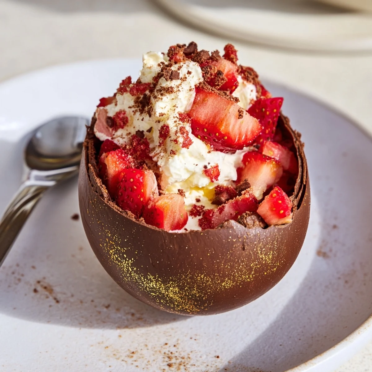 White chocolate Easter egg filled with strawberry shortcake layers and fresh whipped cream on a decorative plate