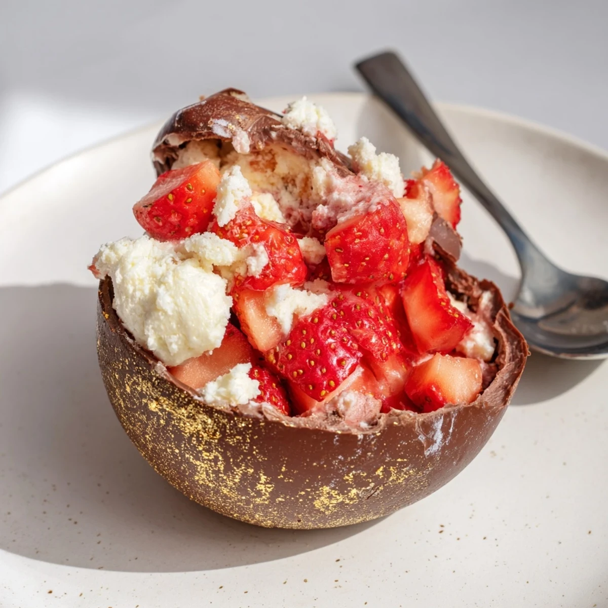 Golden chocolate egg shell revealing tender shortcake pieces mixed with macerated strawberries and fluffy cream filling