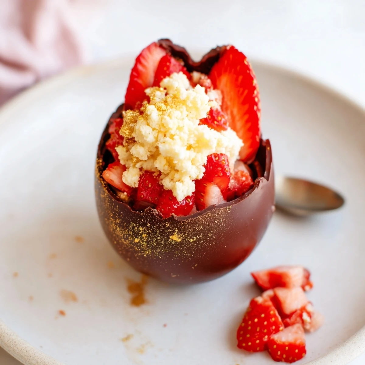 Festive spring dessert featuring crisp chocolate egg bomb stuffed with classic strawberry shortcake and sweet cream