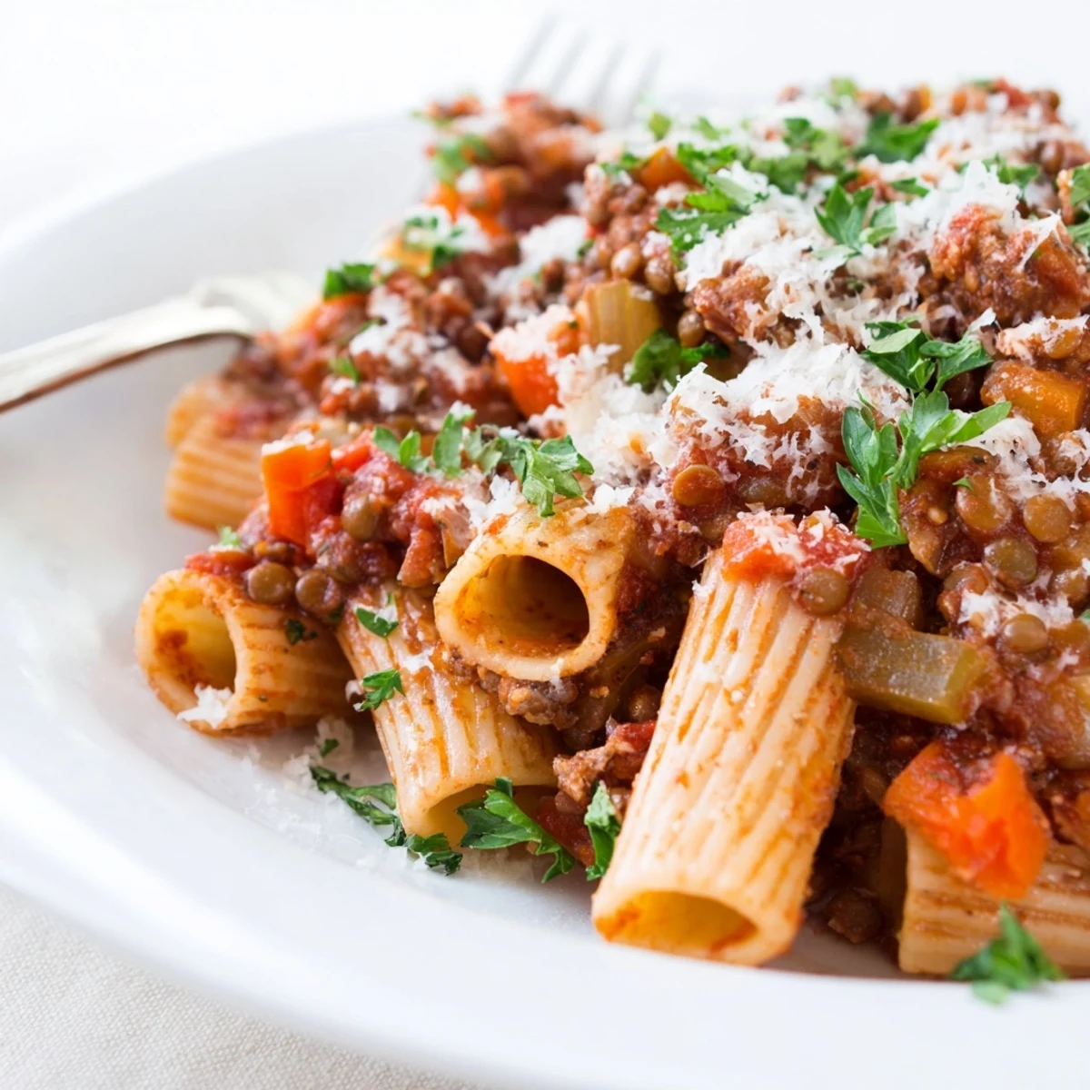 Hearty bowl of healthy beef and lentil Bolognese served over whole wheat pasta with grated Parmesan cheese