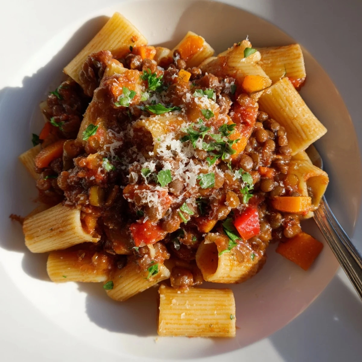 Rich tomato-based healthy beef and lentil Bolognese pasta dish topped with fresh chopped basil and parsley