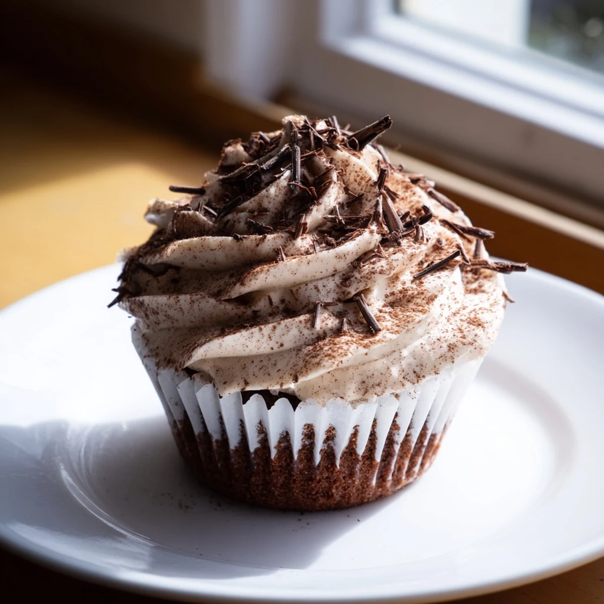 Rich chocolate cupcakes soaked in coffee syrup with creamy mascarpone topping and chocolate shavings